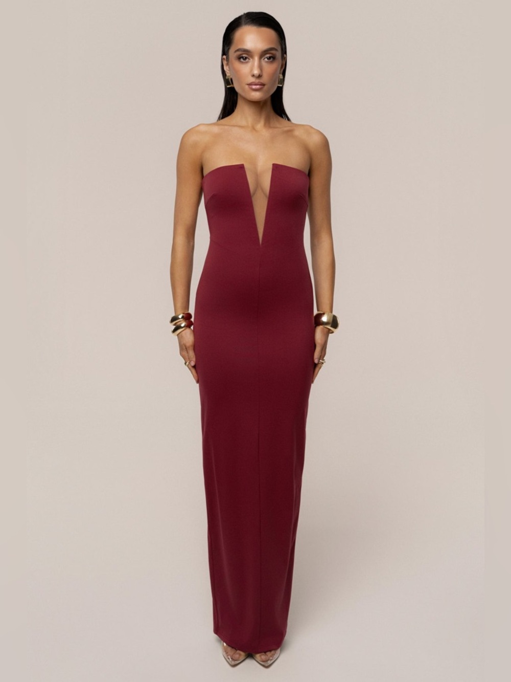 JLux Label Burgundy Midnight Illusion Maxi Gown Strapless Dress